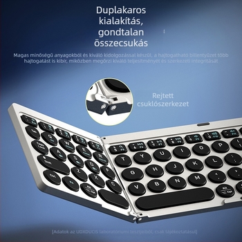 Vezeték nélküli Bluetooth billentyűzet mágneses állvánnyal, háromszor összecsukható tervezés; univerzális telefonokhoz és táblagépekhez; ABS+PU anyag; súlya 0,4 kg.