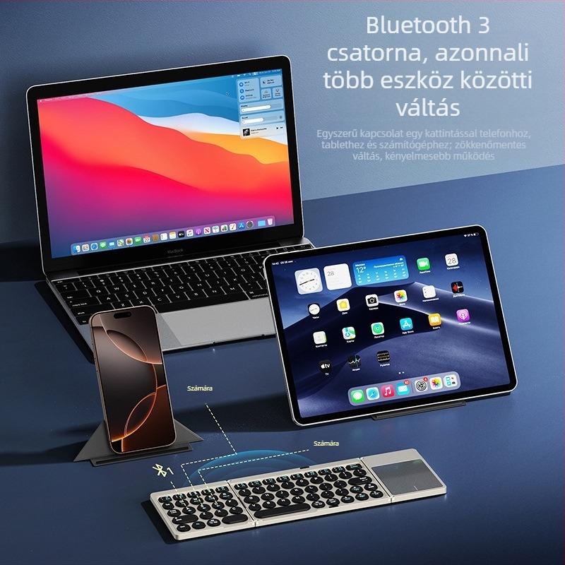 Vezeték nélküli Bluetooth billentyűzet mágneses állvánnyal, háromszor összecsukható tervezés; univerzális telefonokhoz és táblagépekhez; ABS+PU anyag; súlya 0,4 kg.