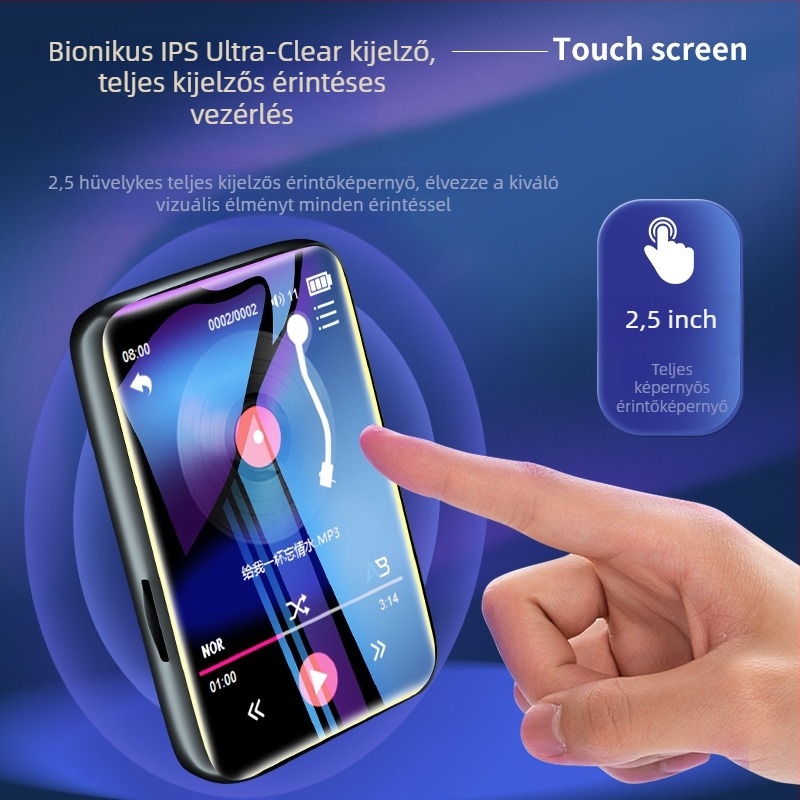 Fém MP4 lejátszó Bluetooth-tal és érintőképernyővel, 2,5 hüvelykes TFT kijelző, TF-kártya támogatás, MP3/WAV/FLAC/APE/WMA/OGG formátumok, FM rádió és felvétel