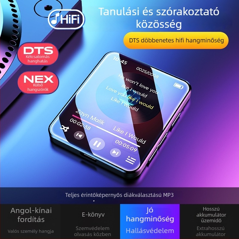 A8 MP3/MP4 lejátszó érintőkijelzővel, TF kártya támogatás, USB 2.0, 3,5 mm fejhallgató aljzat, MP3/WMA/WAV/OGG/FLAC támogatás