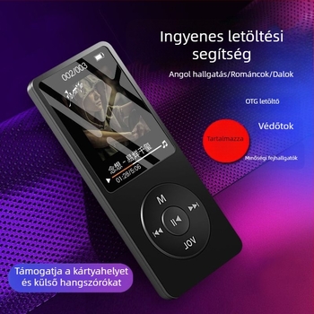 Hordozható MP4/MP3 lejátszó kártyahellyel és kijelzővel, külső hangszóró