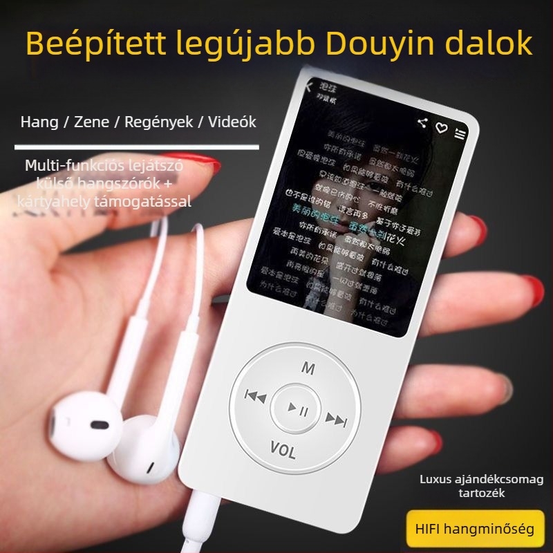 Hordozható MP4/MP3 lejátszó kártyahellyel és kijelzővel, külső hangszóró