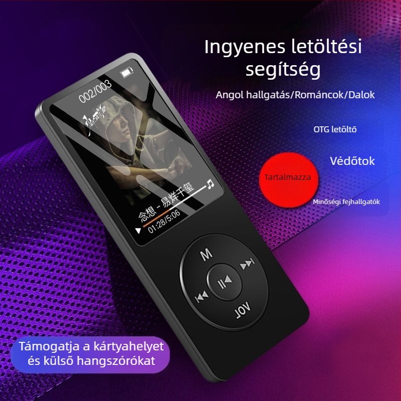 Hordozható MP4/MP3 lejátszó kártyahellyel és kijelzővel, külső hangszóró