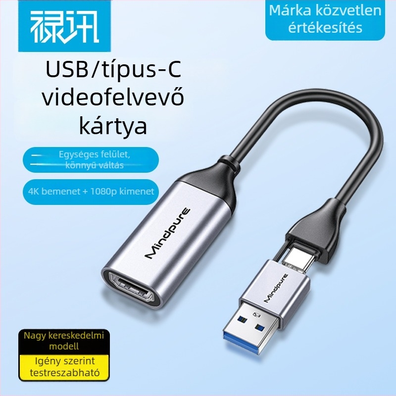 USB-C-ről HDMI-re felvevő kártya élő közvetítéshez – 1080p60, MS2109 + MS8005, 2 m kábel, AD051 modell.