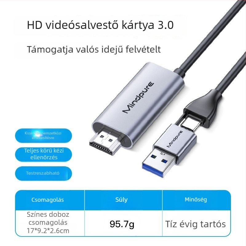USB-C-ről HDMI-re felvevő kártya élő közvetítéshez – 1080p60, MS2109 + MS8005, 2 m kábel, AD051 modell.