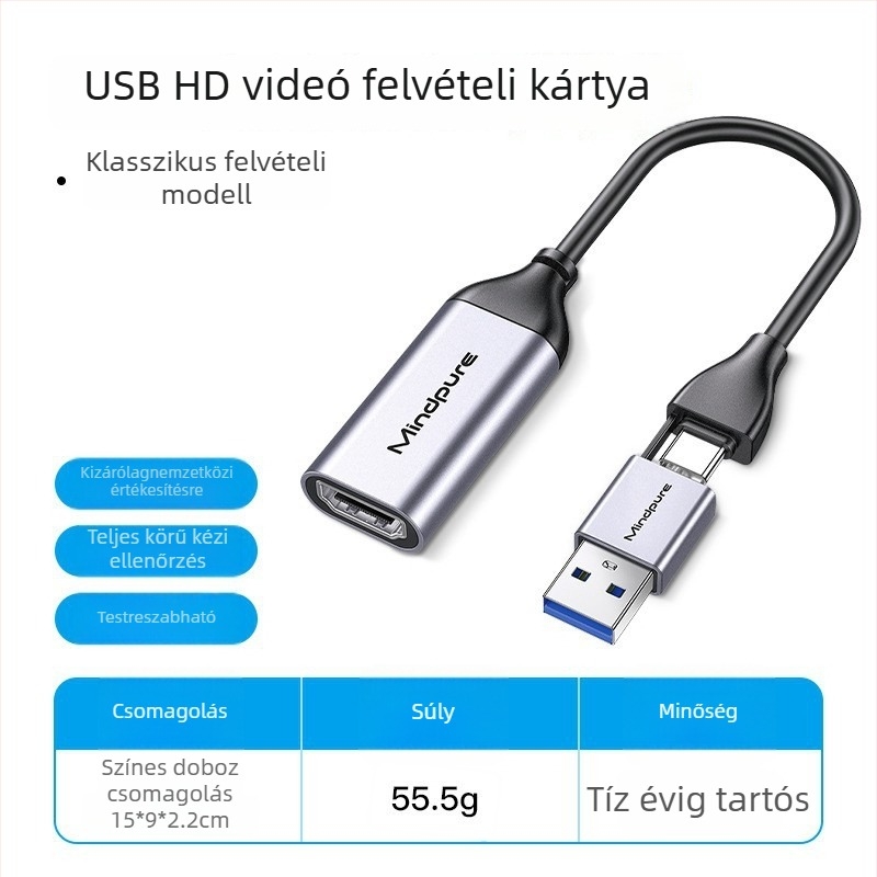 USB-C-ről HDMI-re felvevő kártya élő közvetítéshez – 1080p60, MS2109 + MS8005, 2 m kábel, AD051 modell.