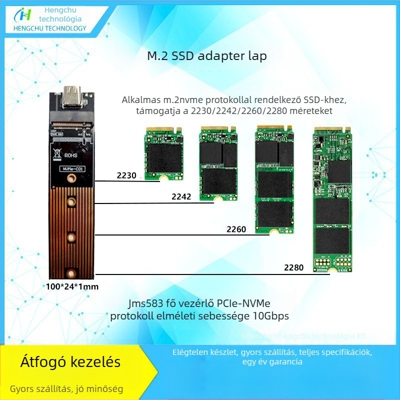 M.2 NGFF NVMe USB 3.0 Type-C adapterkártya (JMS576/JMS583)