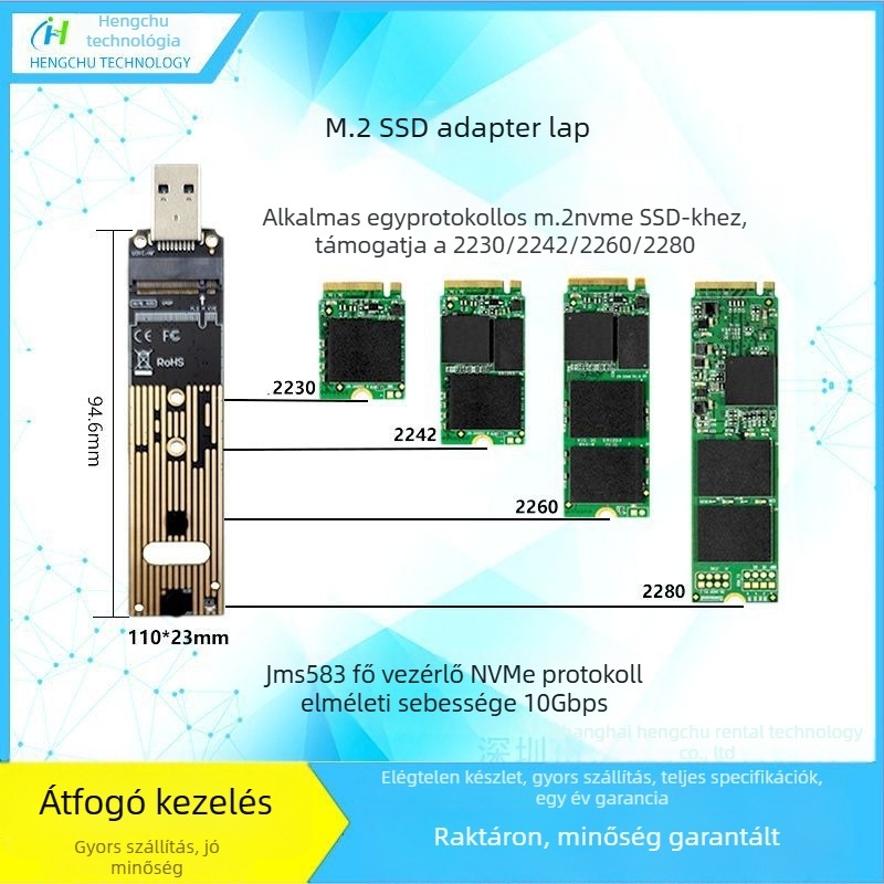 M.2 NGFF NVMe USB 3.0 Type-C adapterkártya (JMS576/JMS583)