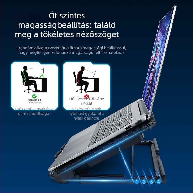 X2 Kétventilátoros laptop hűtőállvány — műanyag radiátor, csendes működés, 2 ventilátor, 800 g