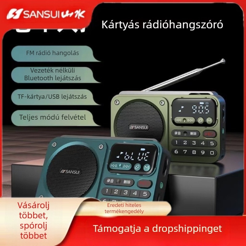 Sansui F22 Bluetooth hangszóró FM rádióval, hordozható, többfunkciós USB/SD-kártya rögzítési lehetőséggel és digitális kijelzővel