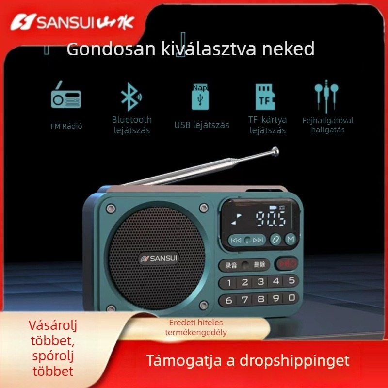 Sansui F22 Bluetooth hangszóró FM rádióval, hordozható, többfunkciós USB/SD-kártya rögzítési lehetőséggel és digitális kijelzővel