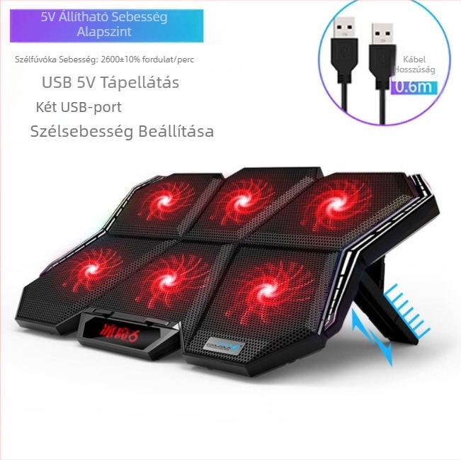 Notebook hűtő 6 ventilátorral, RGB világítás, érintéses kapcsoló, fém háló alap, súly 0,84 kg