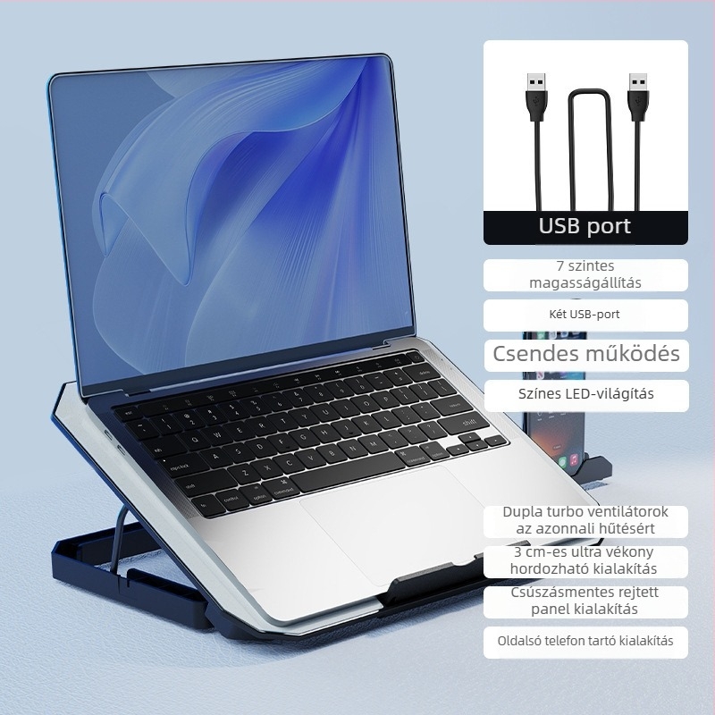N22 laptophűtő két ventilátorral, ABS ház, hőelvezető hűtés