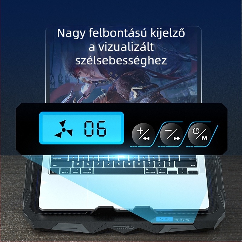 S18f4 laptophűtő radiátor négy állítható ventilátorral és állítható magasságú állvánnyal; léghűtés, fém háló + műanyag.