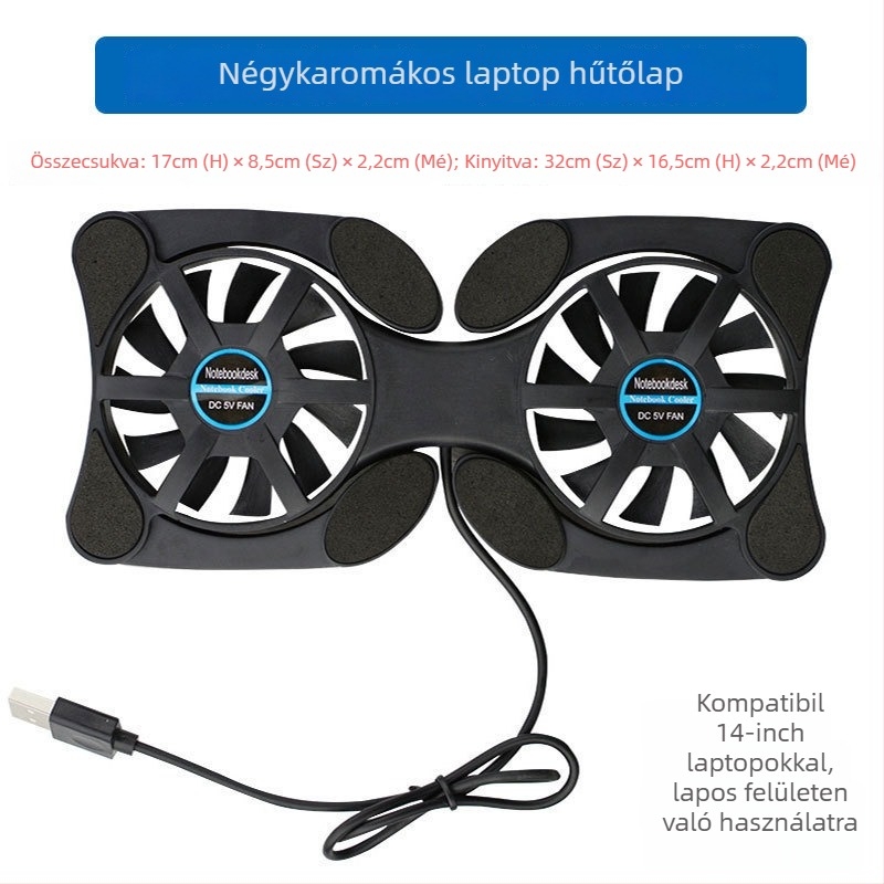 Laptop hűtőpad, két ventilátorral, összecsukható és hordozható, levegő-alapú hűtés