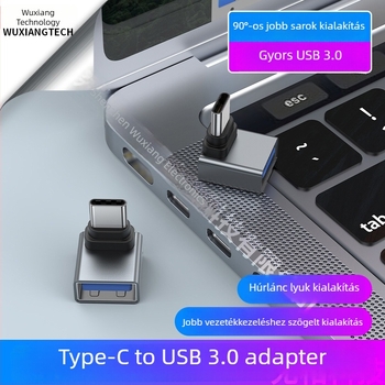 Type-C–ről USB 3.0 adapter, 90°-os jobb oldalú, Type-C férfi USB-A női felé, rézmag, USB 3.0