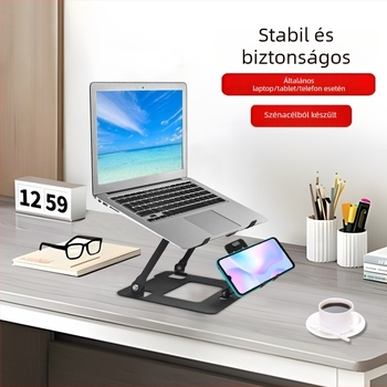 Laptop és telefon állvány, összecsukható alumíniumötvözetből, univerzális kompatibilitás, 500 g tömeg, élő közvetítéshez és irodai munkához.
