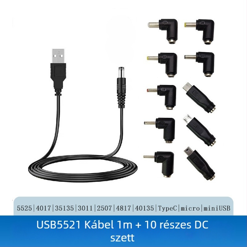 Töltő DC adapter készlet: 5.5×2.1 mm-től 5.5×2.5 mm-ig, 5521 csatlakozó, 1 m USB-kábel, 10 az 1-ben készlet
