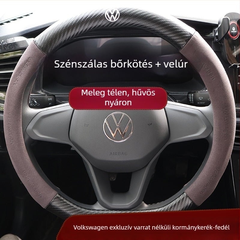 Volkswagen kormánykerék borító - velúr és karbon szálas bőr, 3D dombornyomás, nyomtatott minta, egész évben használható, járműspecifikus telepítés, kézi és gépi varrás