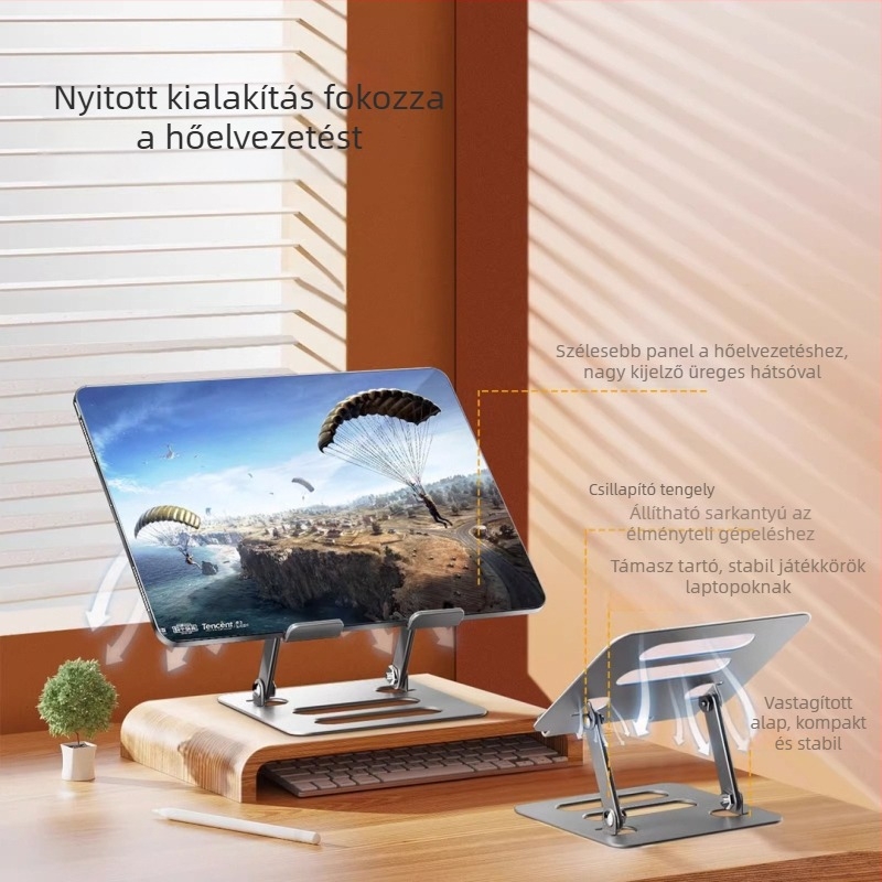 Fém állvány laptop/tabletához, összecsukható kétszintű emelés és hűtés, szénacél, 408 g, kompatibilis iPad/iPhone készülékekkel