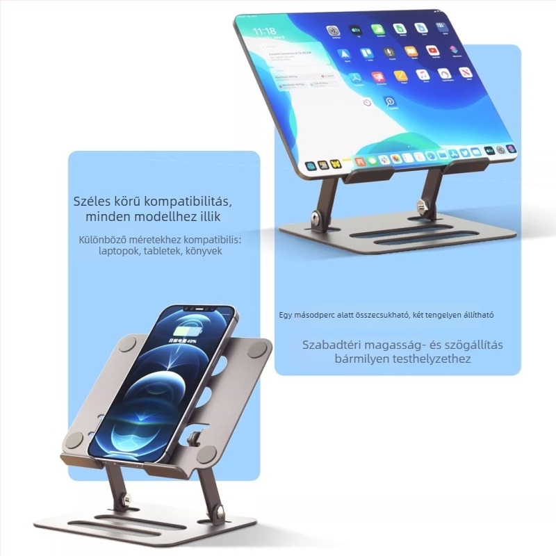 Fém állvány laptop/tabletához, összecsukható kétszintű emelés és hűtés, szénacél, 408 g, kompatibilis iPad/iPhone készülékekkel