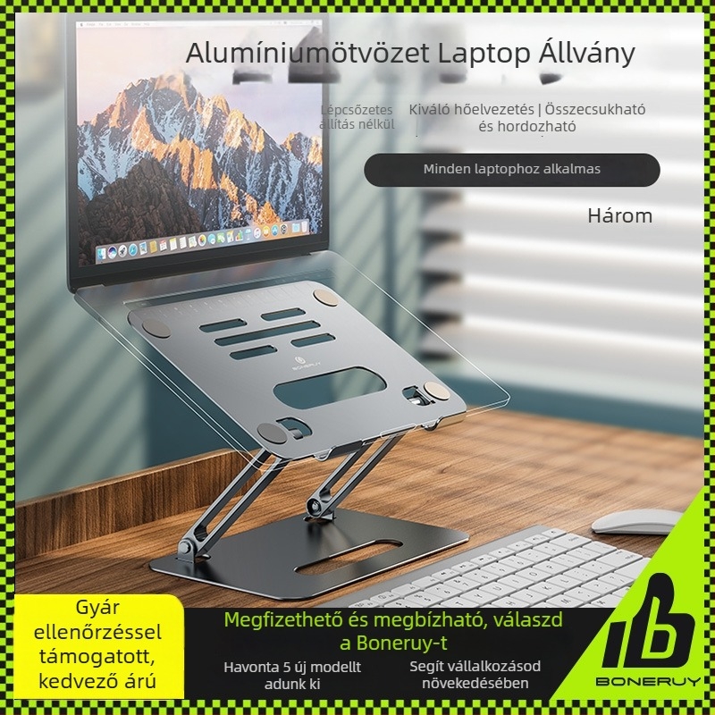 Laptop állvány, alumínium ötvözet, emelő dizájn, P43 modell, tömeg 733 g