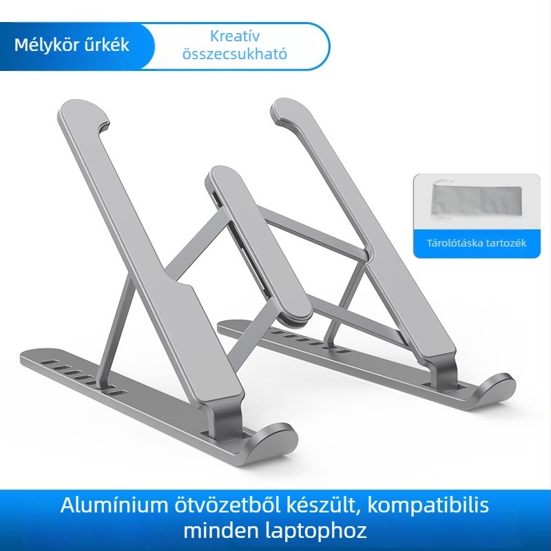 Alumínium ötvözetű laptop hűtőállvány, összecsukható, PL1 modell, 395 g tömeg, kompatibilis a laptopokkal