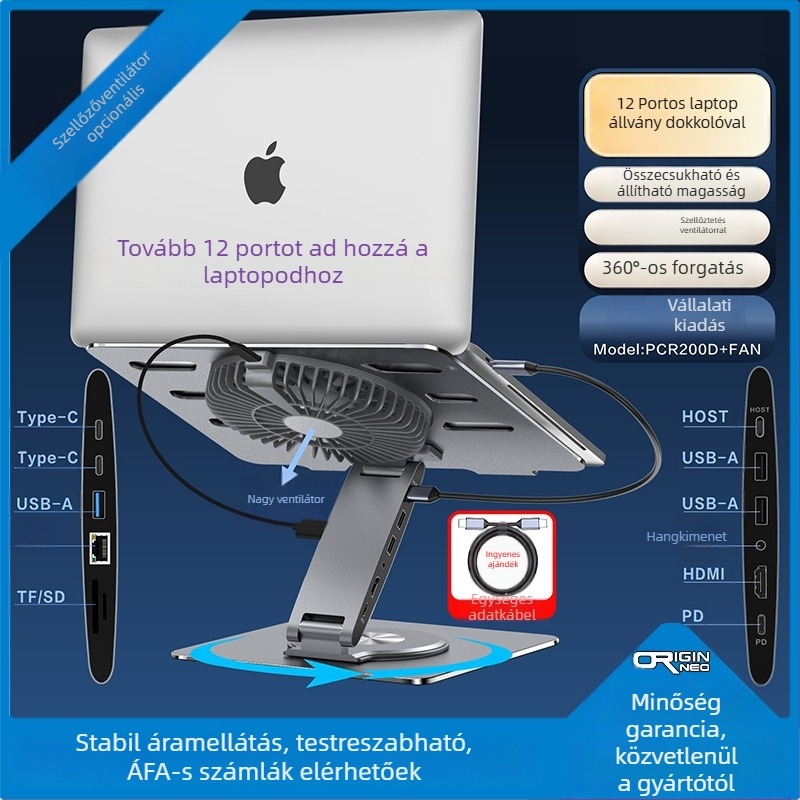 12-portos dokkolóval ellátott notebookhűtő állvány, forgatható, összecsukható, állítható magasságú, ventilátor