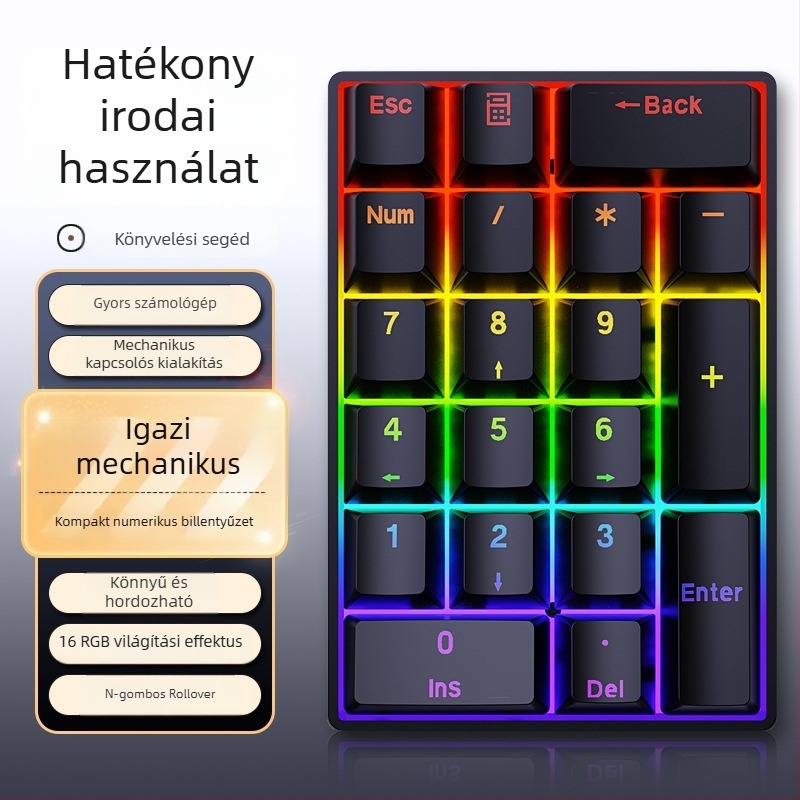 Mechanikus 20 gombos numerikus billentyűzet, vezetékes, zöld tengellyel és kevert háttérvilágítással
