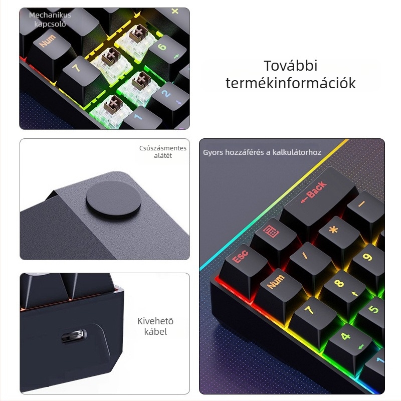 Mechanikus 20 gombos numerikus billentyűzet, vezetékes, zöld tengellyel és kevert háttérvilágítással