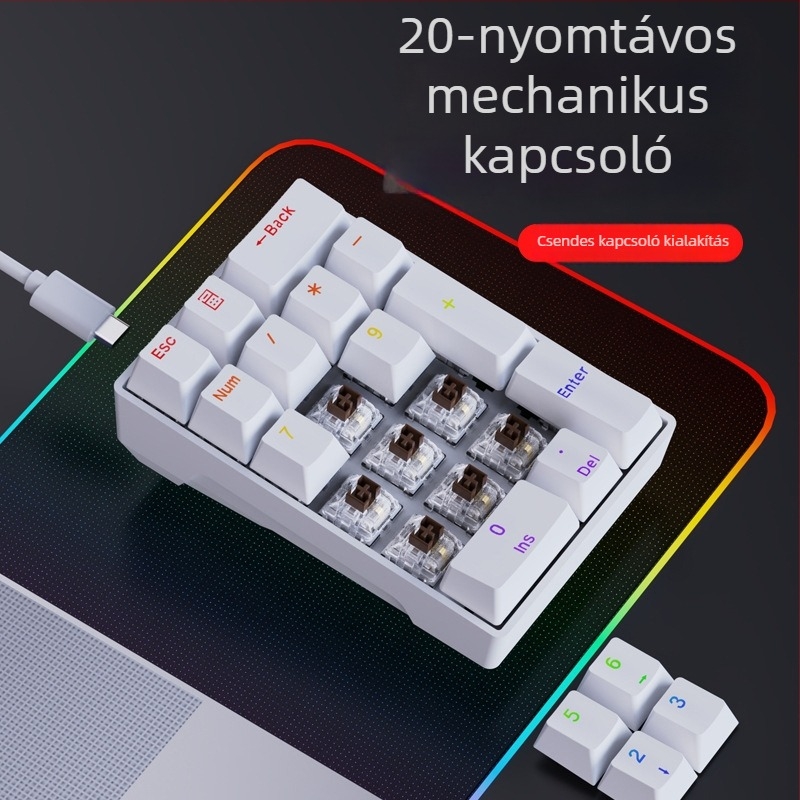Mechanikus 20 gombos numerikus billentyűzet, vezetékes, zöld tengellyel és kevert háttérvilágítással