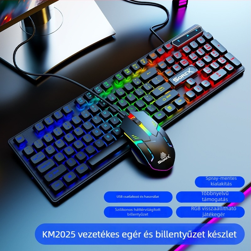 KM2025 billentyűzet-egér készlet - Vezetékes USB, mechanikus érzet, háttérvilágítás, 1800 DPI, ergonómikus, notebook, otthon, gaming és iroda
