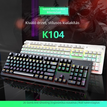 K104 gamer billentyűzet mechanikus kapcsolókkal, több mint 98 billentyű, vezetékes, többszínű háttérvilágítás