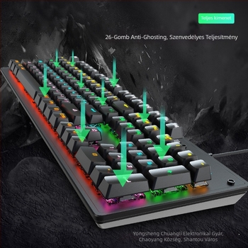 K104 gamer billentyűzet mechanikus kapcsolókkal, több mint 98 billentyű, vezetékes, többszínű háttérvilágítás