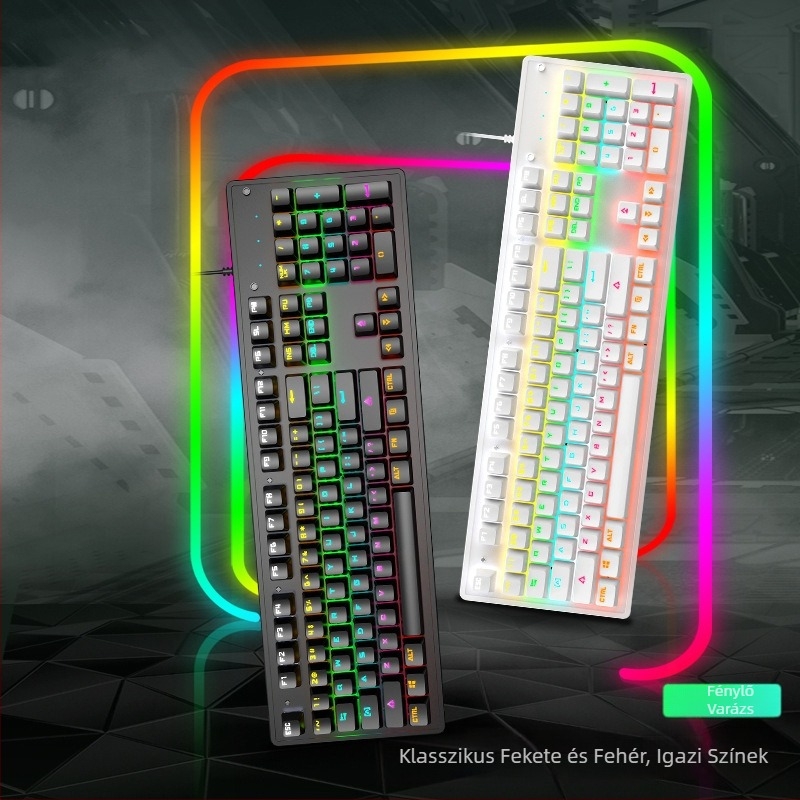 K104 gamer billentyűzet mechanikus kapcsolókkal, több mint 98 billentyű, vezetékes, többszínű háttérvilágítás