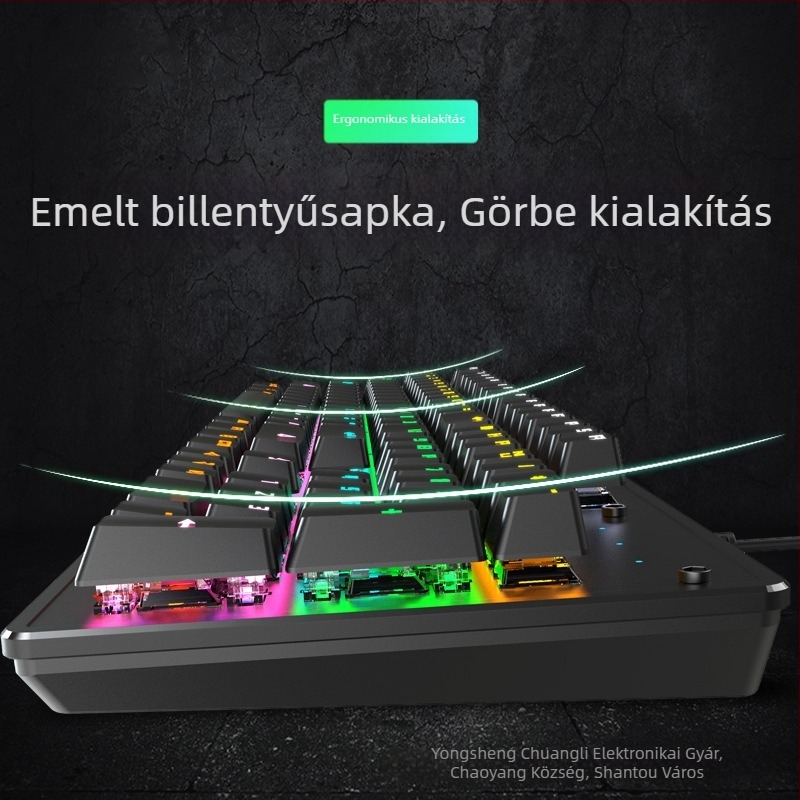 K104 gamer billentyűzet mechanikus kapcsolókkal, több mint 98 billentyű, vezetékes, többszínű háttérvilágítás