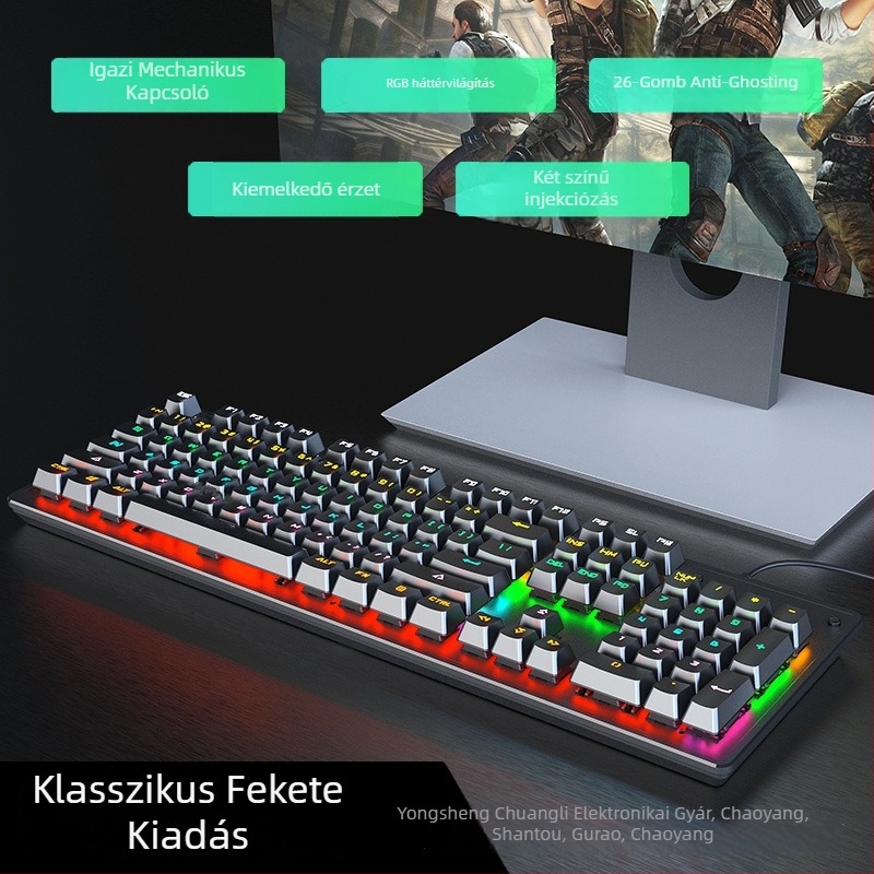 K104 gamer billentyűzet mechanikus kapcsolókkal, több mint 98 billentyű, vezetékes, többszínű háttérvilágítás