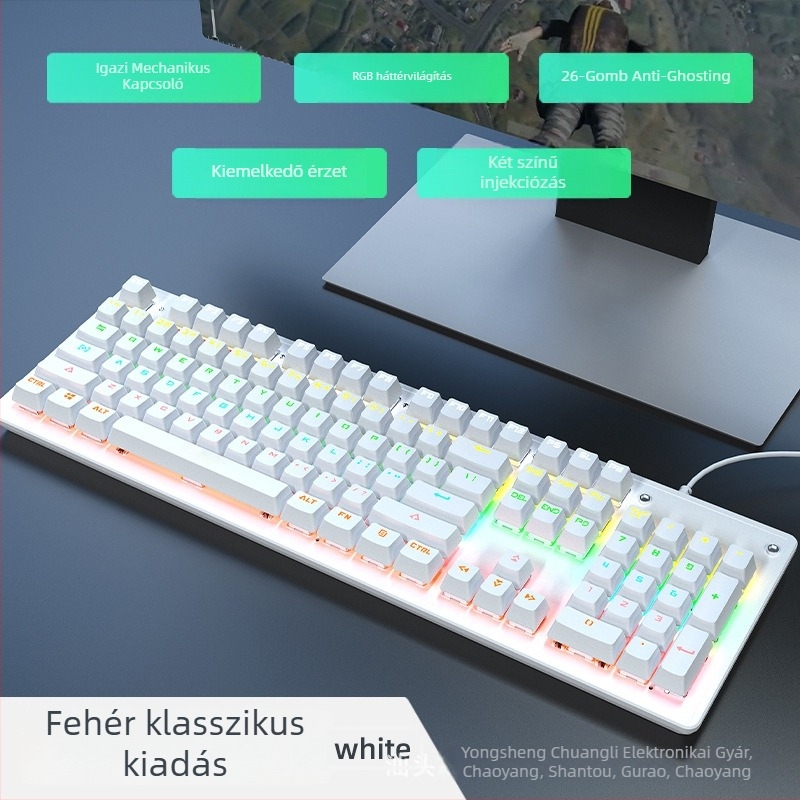 K104 gamer billentyűzet mechanikus kapcsolókkal, több mint 98 billentyű, vezetékes, többszínű háttérvilágítás