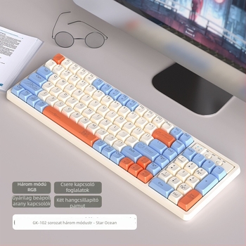 GK102 Hárommódú Bluetooth vezeték nélküli mechanikus billentyűzet, vezetékes kapcsolattal, 102 gomb, mechanikus kapcsolók, csuklótámasz, vízálló