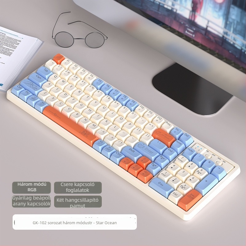 GK102 Hárommódú Bluetooth vezeték nélküli mechanikus billentyűzet, vezetékes kapcsolattal, 102 gomb, mechanikus kapcsolók, csuklótámasz, vízálló