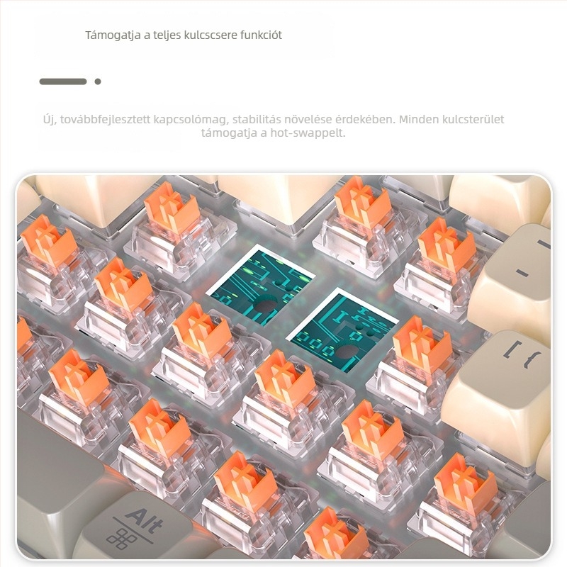 GK102 Hárommódú Bluetooth vezeték nélküli mechanikus billentyűzet, vezetékes kapcsolattal, 102 gomb, mechanikus kapcsolók, csuklótámasz, vízálló