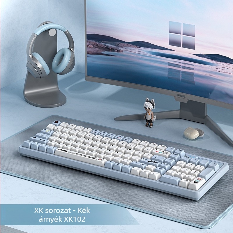 GK102 Hárommódú Bluetooth vezeték nélküli mechanikus billentyűzet, vezetékes kapcsolattal, 102 gomb, mechanikus kapcsolók, csuklótámasz, vízálló