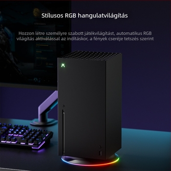 Xbox Series X hűtőbázis RGB fénnyel és függőleges állvánnyal; ABS anyag; USB-C interfész; hűtés és tárolás