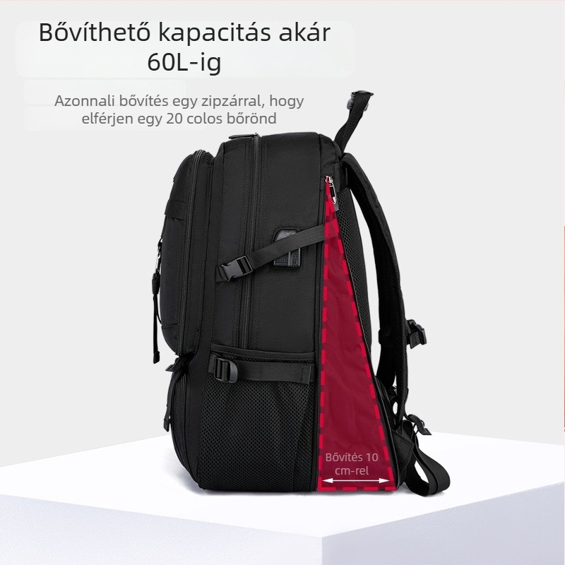 Férfi utazó hátizsák, 56–75 literes kapacitás, vízálló Oxford anyag, bővíthető kialakítás, illeszkedik 16 hüvelykes laptophoz, légpárnás vállpántok