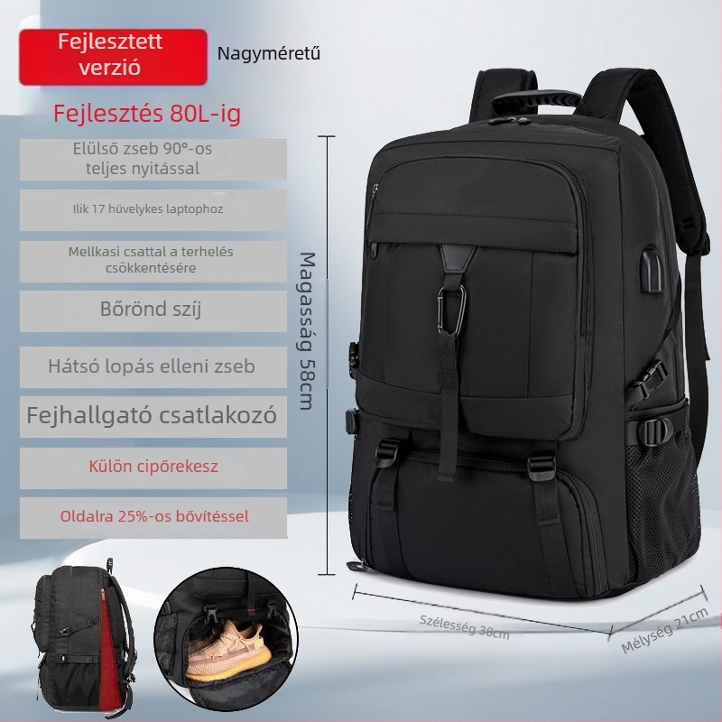 Férfi utazó hátizsák, 56–75 literes kapacitás, vízálló Oxford anyag, bővíthető kialakítás, illeszkedik 16 hüvelykes laptophoz, légpárnás vállpántok