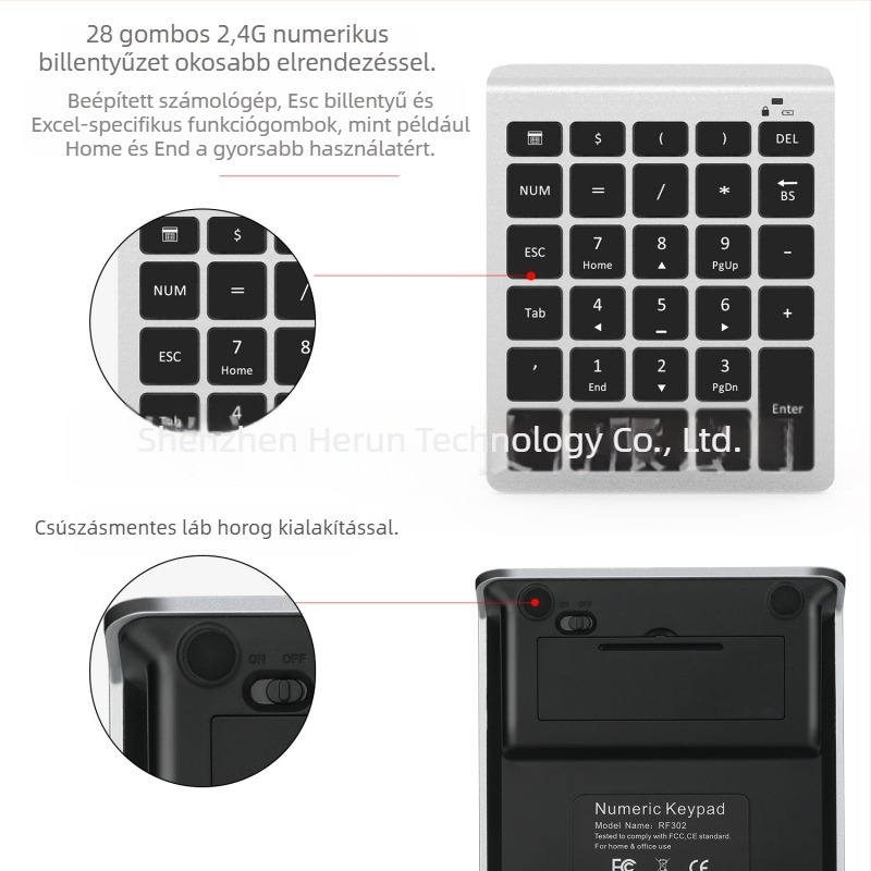 RF302 Vezeték nélküli numerikus billentyűzet – 28 gomb, USB csatlakozás, 2,4G vezeték nélküli kapcsolat, Plug-and-Play