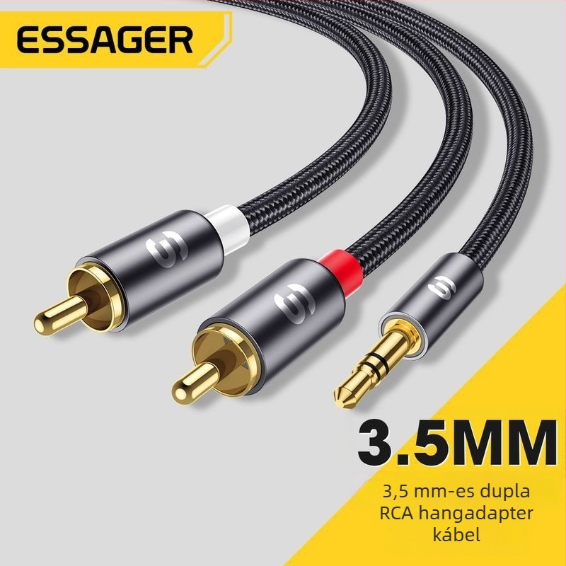 3,5 mm-es analóg audio adapter két RCA-hoz (aranyozott csatlakozók; alumíniumötvözet mag; ROHS; modell EYPZJ-MY)
