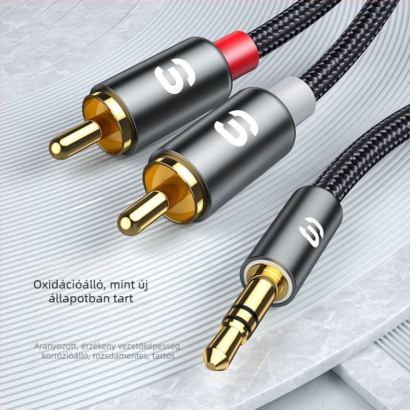 3,5 mm-es analóg audio adapter két RCA-hoz (aranyozott csatlakozók; alumíniumötvözet mag; ROHS; modell EYPZJ-MY)