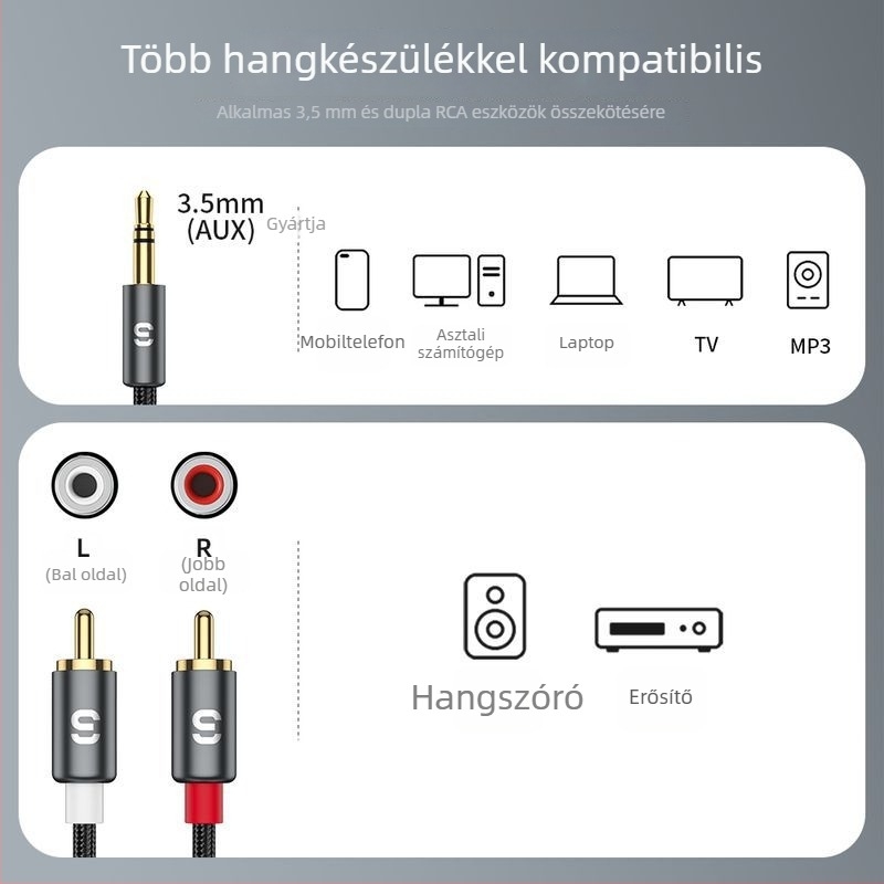 3,5 mm-es analóg audio adapter két RCA-hoz (aranyozott csatlakozók; alumíniumötvözet mag; ROHS; modell EYPZJ-MY)