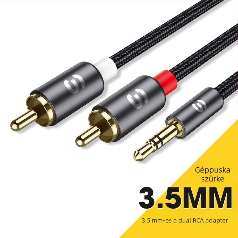 3,5 mm-es analóg audio adapter két RCA-hoz (aranyozott csatlakozók; alumíniumötvözet mag; ROHS; modell EYPZJ-MY)